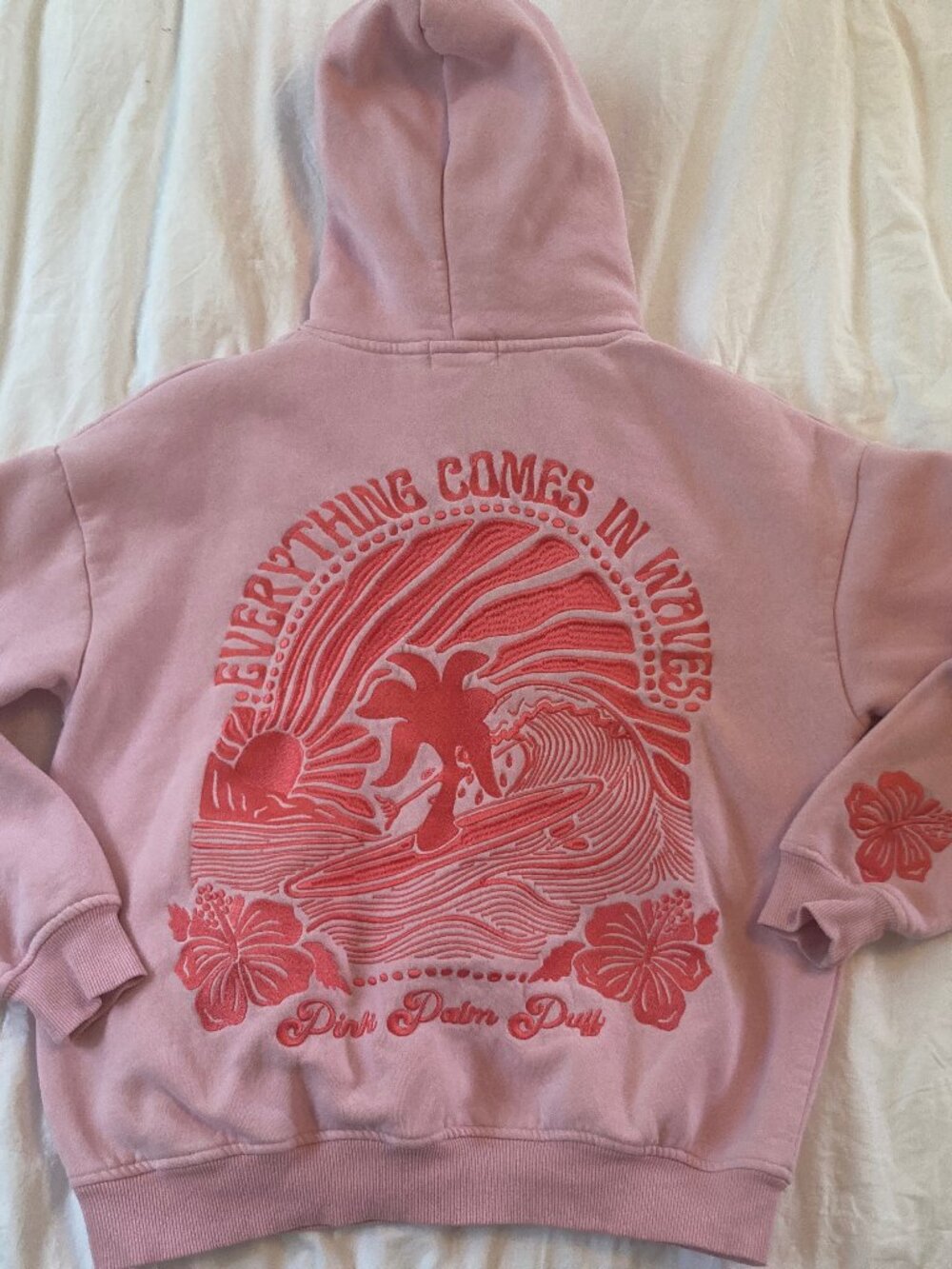 Pink Palm Puff Hoodie Extra Small Everything Comes in Waves Embroidered Beach